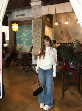 你的鱼 松弛单宁派 韩系微胖mm设计感猫须烫钻直筒宽松百搭牛仔裤