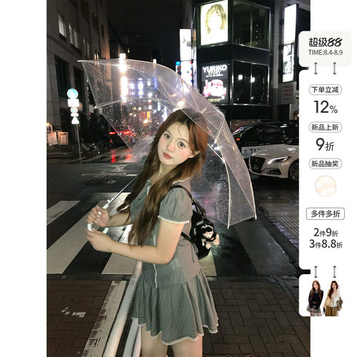 你的鱼 柏林甜茶 韩系微胖mm日系夏日蕾丝风琴褶娃娃衫半裙套装
