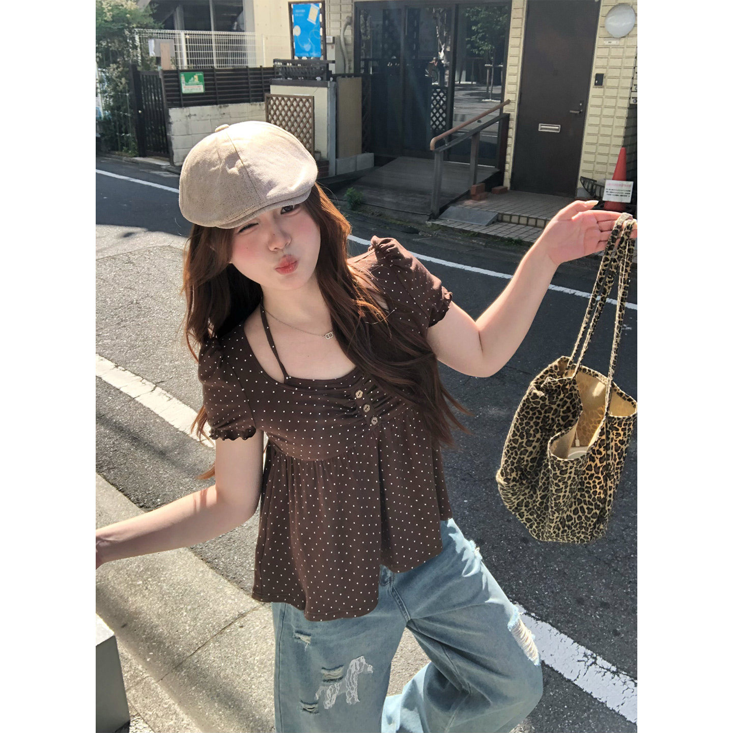 你的鱼 枫糖热恋 韩系微胖mm古早夏日假两件显瘦波点挂脖短袖上衣图片