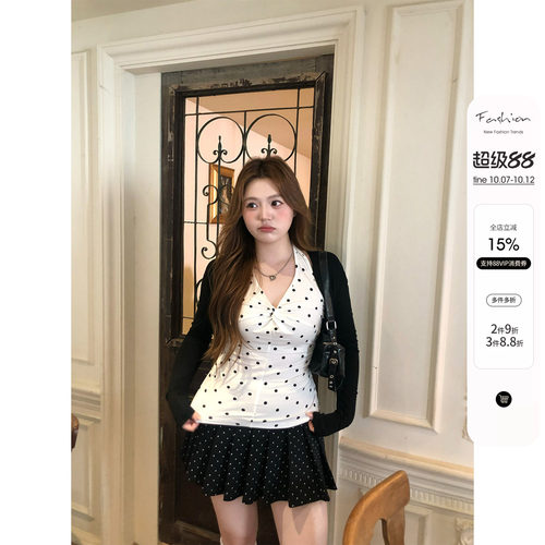 你的鱼 娇俏莉莉安 韩系微胖mm扭结挂脖波点吊带早秋开衫半裙套装