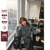 鱼 木槿漫记 韩系微胖mm费尔岛宽松圆领毛织开衫 你 时髦叠穿套装