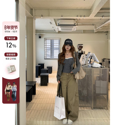 你的鱼 罗萨街头 韩系微胖mm硬挺廓形工装拼接口袋宽松显瘦牛仔裤