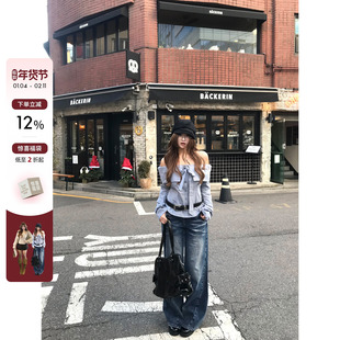 你的鱼 假日报刊 韩系微胖mm松弛感猫须硬挺做旧水洗裂纹牛仔裤