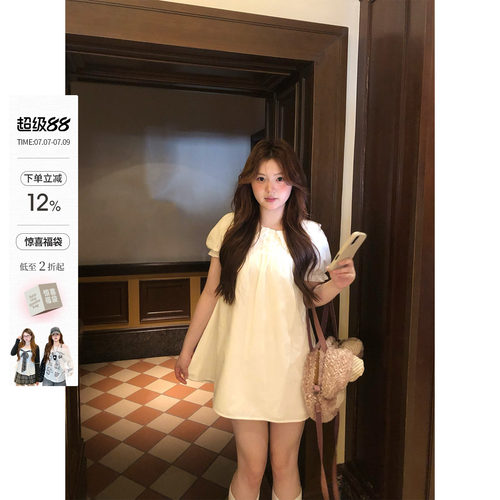 你的鱼 初夏之约 韩系微胖mm初恋感娃娃领宽松春夏泡泡袖连衣裙
