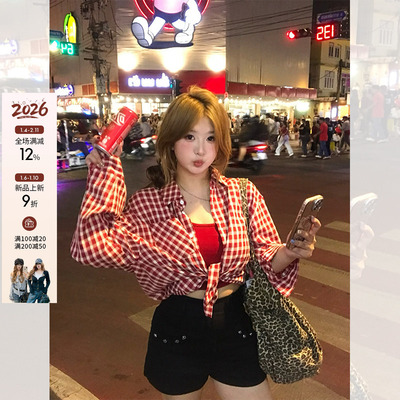 你的鱼 复古格调 日系格子衬衫外套挂脖吊带夏日俏皮微胖mm套装