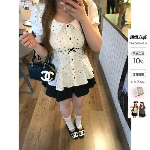你的鱼 白茶莉莉安 韩系微胖mm夏日学院miu系波点泡泡袖衬衫半裙