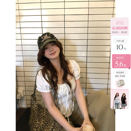 你的鱼 松弛智妍 韩系微胖mm春夏系带抽褶日常甜系休闲泡泡袖上衣