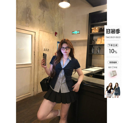 你的鱼 半岛失格 韩系微胖mm学院风春夏假两件扭结格纹短袖套装