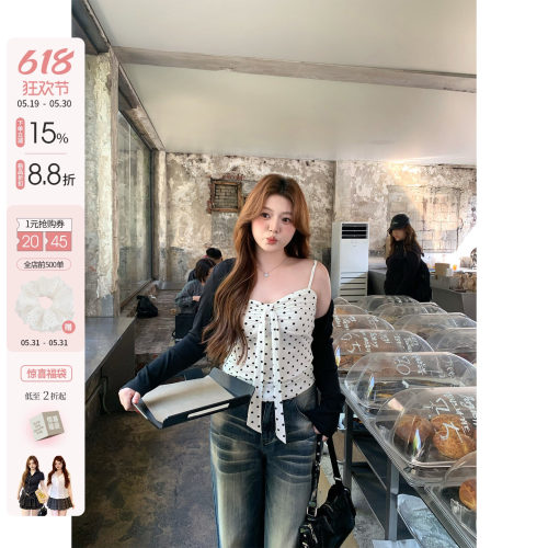 你的鱼 心动啵啵 韩系微胖mm春夏抽褶针织收腰系带波点吊带开衫