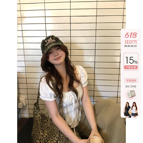 你的鱼 松弛智妍 韩系微胖mm春夏系带抽褶日常甜系休闲泡泡袖上衣