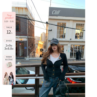 鱼 套装 风栖甜栗 复古设计感翻领纽扣毛织开衫 韩系微胖mm春款 你