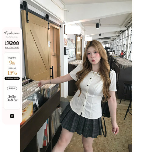 你的鱼 少女航海家 韩系微胖mm海军领学院感收腰短袖衬衫夏日套装