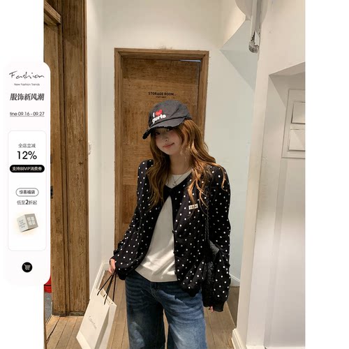 你的鱼 韩女设定 韩系微胖mm黑白波点假两件圆领显瘦针织上衣