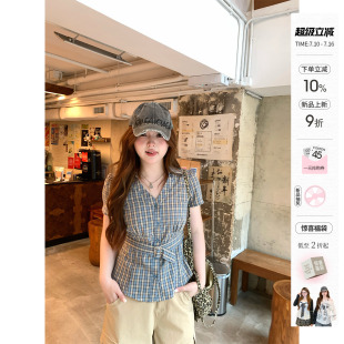 你的鱼 西柚气泡水 韩系微胖mm设计感显瘦夏日格纹日系修身短衬衫