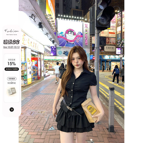 你的鱼 韩女进阶 韩系微胖mm显瘦遮肚甜辣夏泡泡袖短衬衫蛋糕半裙