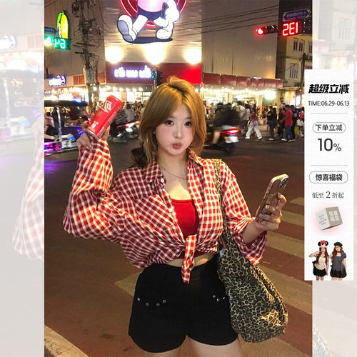 你的鱼 复古格调 日系格子衬衫外套挂脖吊带夏日俏皮微胖mm套装