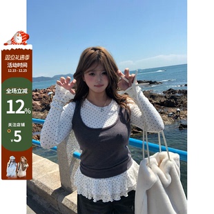 上衣套装 你 韩系微胖mm俏皮显瘦波点木耳边针织衫 甜心涟漪 鱼