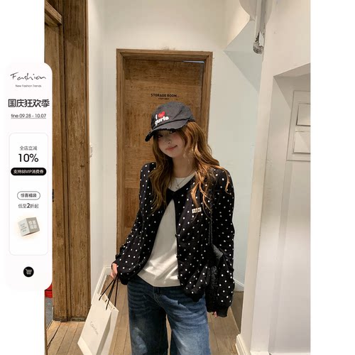 你的鱼 韩女设定 韩系微胖mm黑白波点假两件圆领显瘦针织上衣