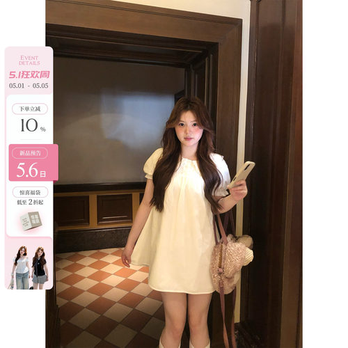 你的鱼 初夏之约 韩系微胖mm初恋感娃娃领宽松春夏泡泡袖连衣裙