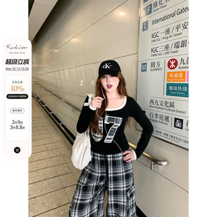 你的鱼 Vtg星球 韩系微胖mm露肩休闲印花修身T恤格纹裤秋季套装