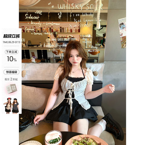 你的鱼 花漾苎夏 韩系微胖mm甜美波点轻薄真两件泡泡袖doll感套装
