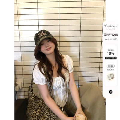 你的鱼 松弛智妍 韩系微胖mm春夏系带抽褶日常甜系休闲泡泡袖上衣