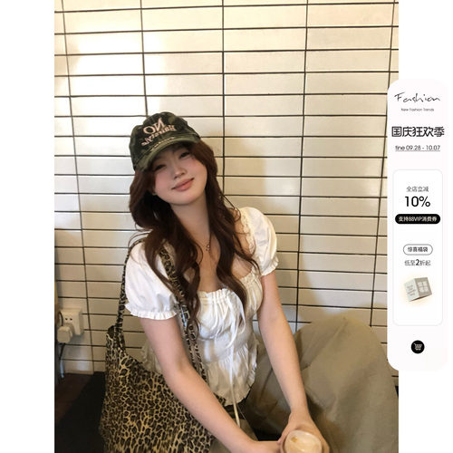 你的鱼 松弛智妍 韩系微胖mm春夏系带抽褶日常甜系休闲泡泡袖上衣