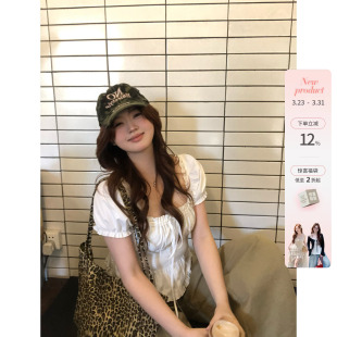 韩系微胖mm春夏系带抽褶日常甜系休闲泡泡袖 松弛智妍 上衣 鱼 你