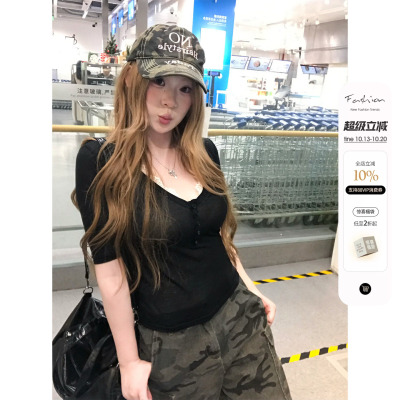 你的鱼 韩女daily 韩系微胖mm纯欲蕾丝亨利领春夏针织轻薄短上衣