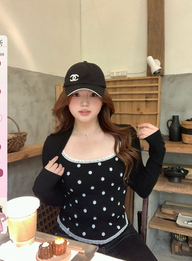 你的鱼 黑巧泡芙 微胖mm春季蕾丝波点修身上衣 2/24 20:00新品9折