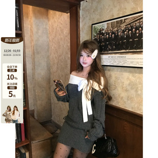 韩系微胖mm绑带大蝴蝶结一字肩毛织上衣连衣裙 野生玫瑰 你 鱼