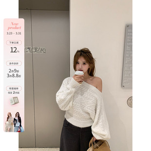 韩系微胖mm软糯提花宽松蝙蝠袖 明洞初雪 斜肩露肩毛织上衣 鱼 你