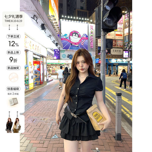 你的鱼 韩女进阶 韩系微胖mm显瘦遮肚甜辣夏泡泡袖短衬衫蛋糕半裙