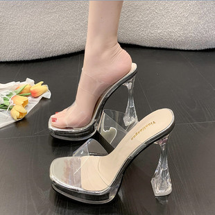 T台模特车展走秀鞋 12cm超高跟 透明一字带凉拖防水台水晶粗跟凉鞋
