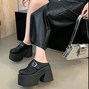 11cm超高跟女鞋包头半拖鞋皮带扣坡跟外穿增高懒人厚底凉拖不累脚