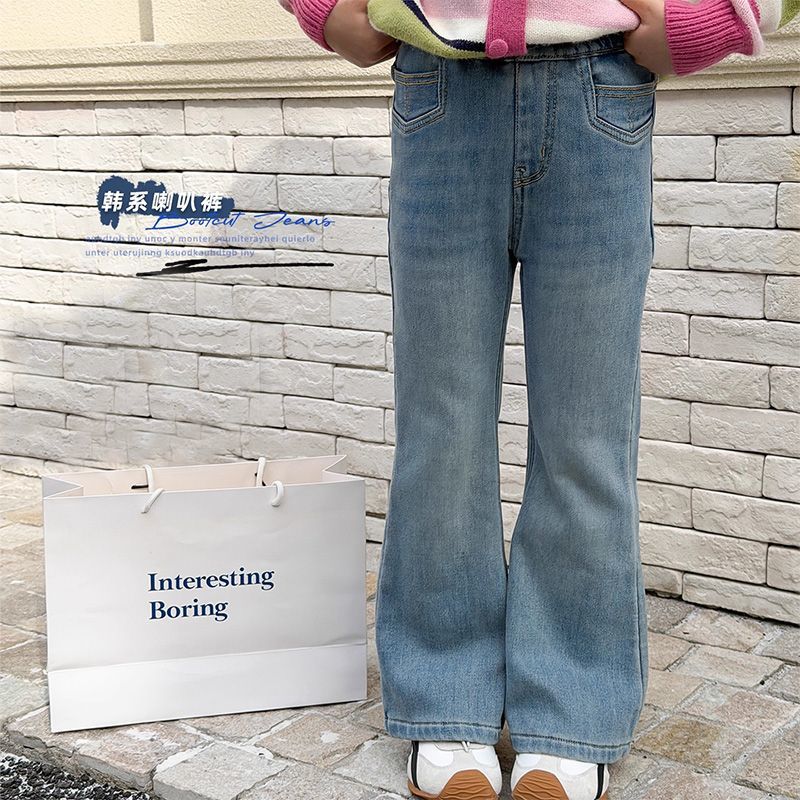 女童韩系显瘦春秋冬季喇叭裤女孩洋气一体绒牛仔裤儿童加厚长裤潮