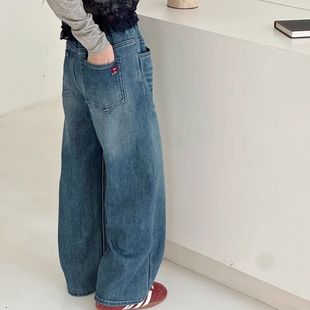 女童春秋冬季显瘦阔腿牛仔裤儿童韩版宽松加绒长裤女孩一体绒裤子