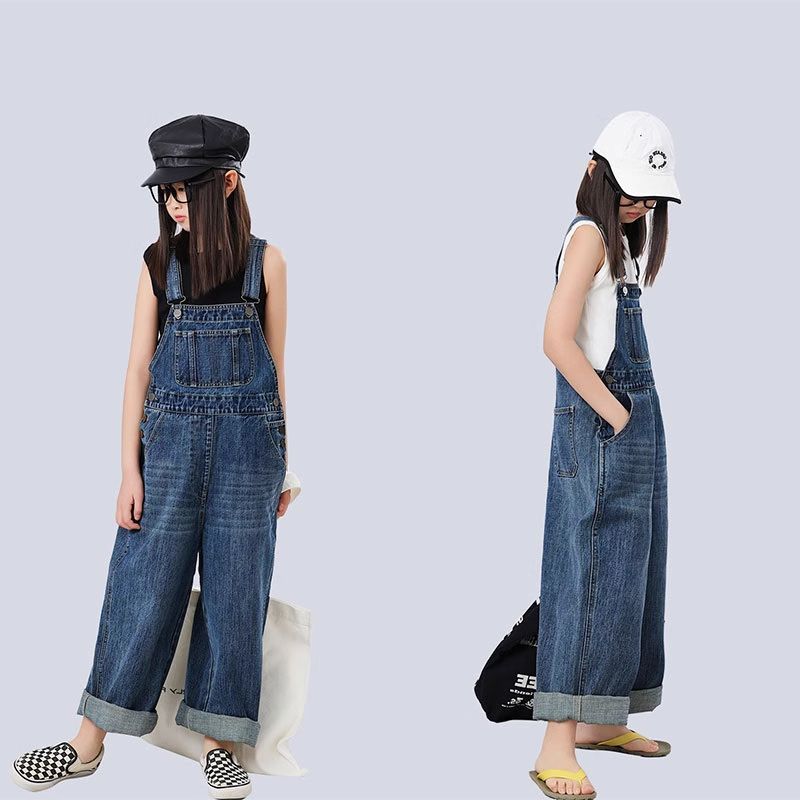 女童春秋款韩版时髦背带裤儿童简约百搭牛仔裤大童女孩休闲裤子潮