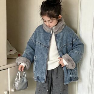 儿童加绒加厚牛仔外套女童冬季保暖毛领夹克中大童时尚洋气上衣潮