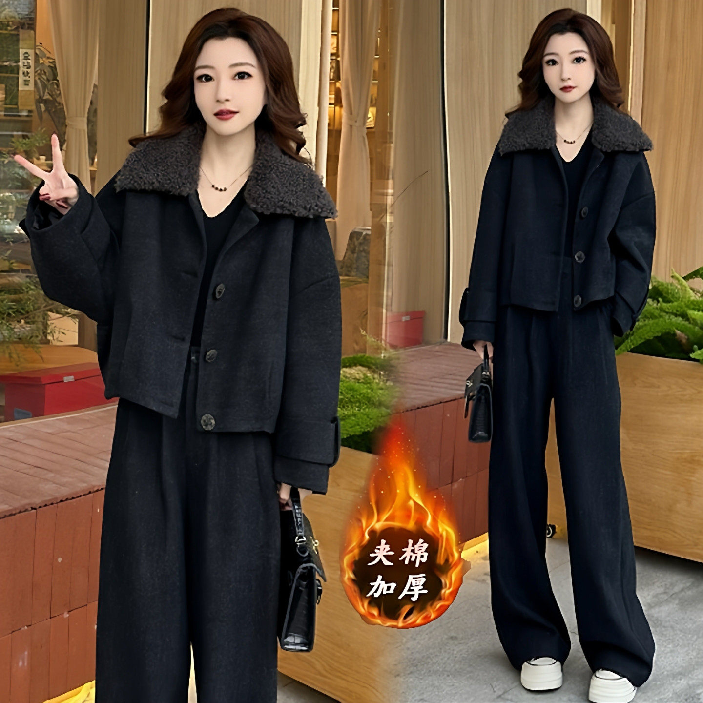 茉莉高定巨好看的两件套冬装时尚毛呢女2025新款加棉短外套阔腿裤,女装/女士精品,时尚套装,淘宝优惠券,粉丝福利购,淘宝优惠卷