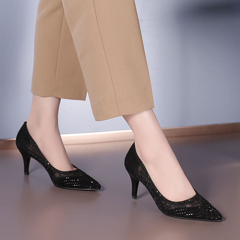 新款网纱性感水钻透气四季高跟鞋