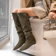 褶皱时尚 牛反皮 5cm内增高平底高筒堆堆靴法式 长靴卡其色一脚蹬
