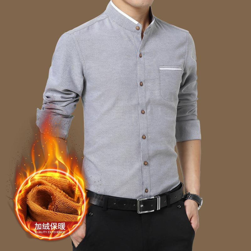 秋冬装圆领衬衫衣男长袖加绒加厚称寸衣直无占立领灰色衬衣保暖土