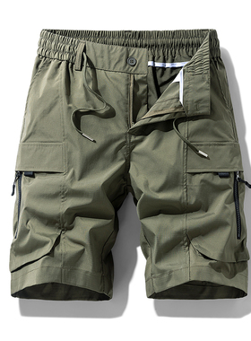 军绿色工装男短裤夏季薄梭织多口袋直筒中松紧腰休闲五5分裤户外