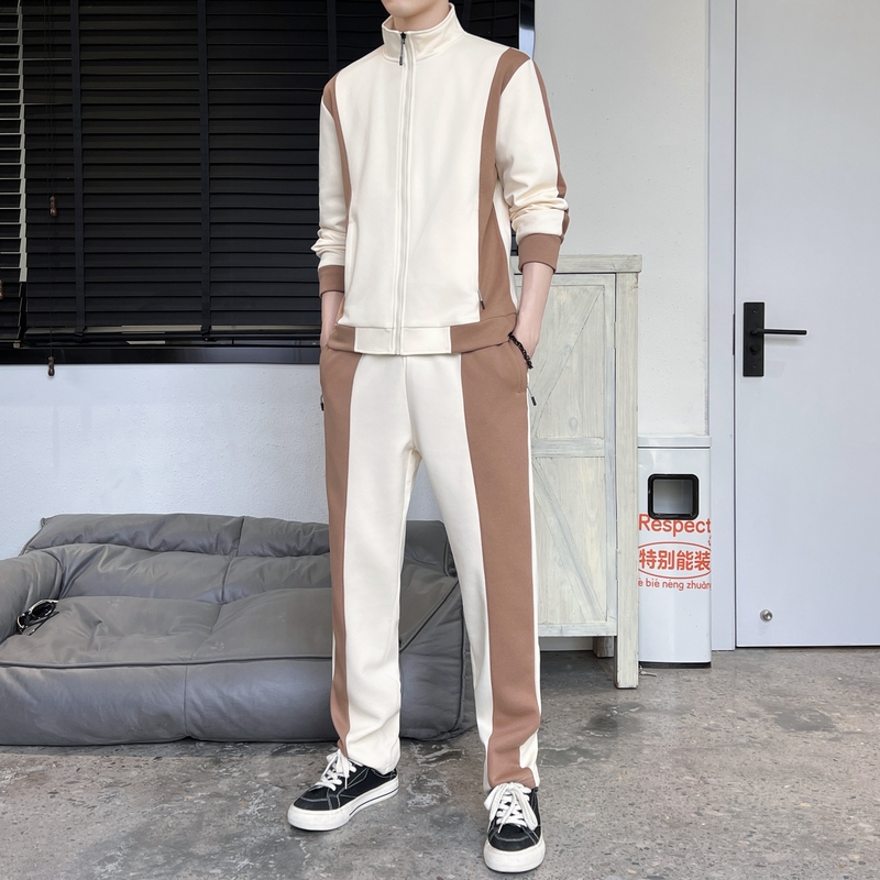 杏色秋天运动套装男士拼接薄款大码针织时尚个性休闲开衫卫衣两件