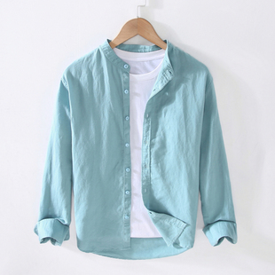 1111休闲风立领亚麻衬衫男长袖薄款宽松透气开衫