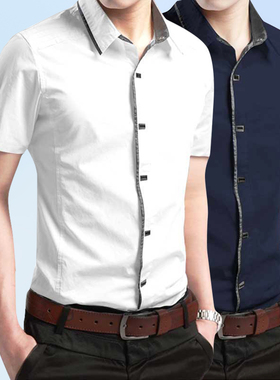 按扣衬衫男短袖夏季韩式纯棉衫衣村杉工装拼色半截袖修身衬衣百搭