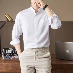 白色小立领衬衫男长袖秋季短款村子弹力有口袋新中式颈无圆领衬衣