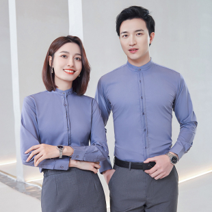 灰色圆领衬衫男长袖夏季薄冰丝弹力村杉新中式女高级感立无领衬衣