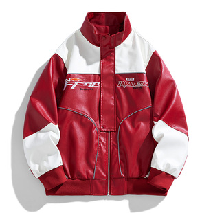 白红色拼接男士皮衣春秋款薄款外套刺绣机车立领骑行个性休闲痞帅